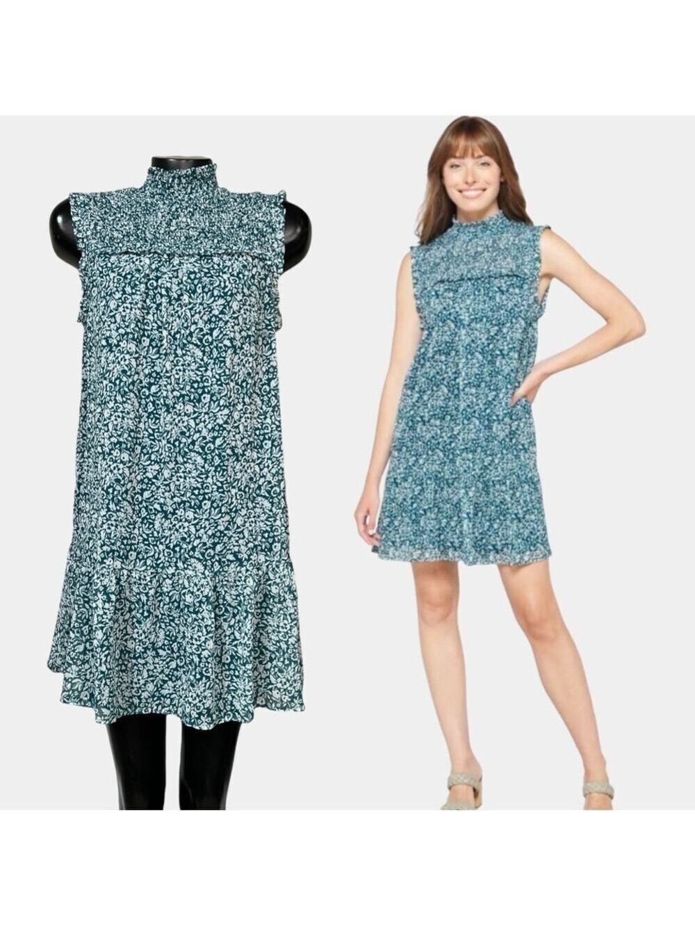 AVLN Studio NEW Floral Mini Dress Teal White Sleeveless Smocked High-Neck Modest